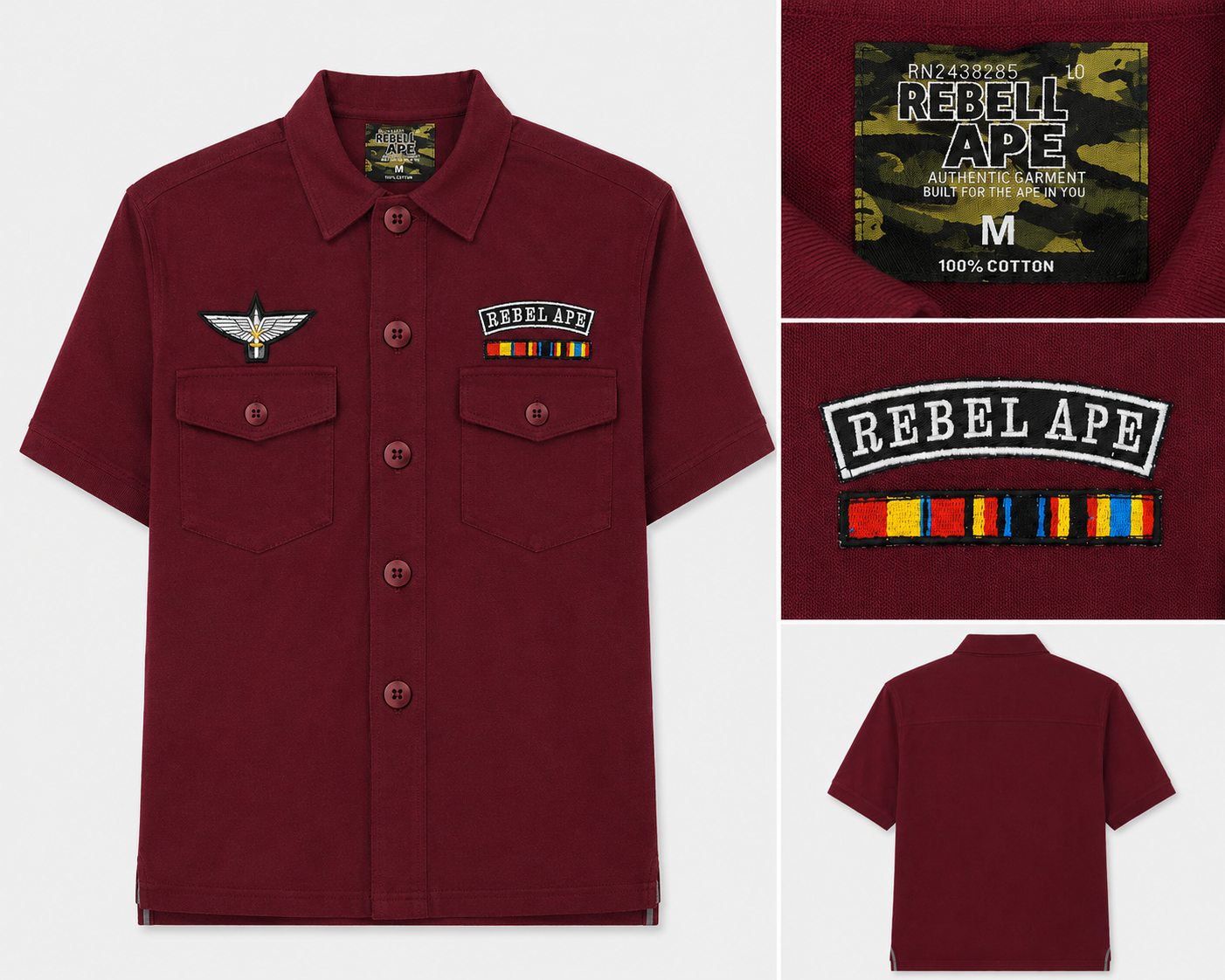 Rebel Ape Maroon Military Patch Cotton “Polo Style” Shirt - Medium