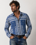 Smog Slim Fit Blue & White Paisley Pattern Shirt - Large