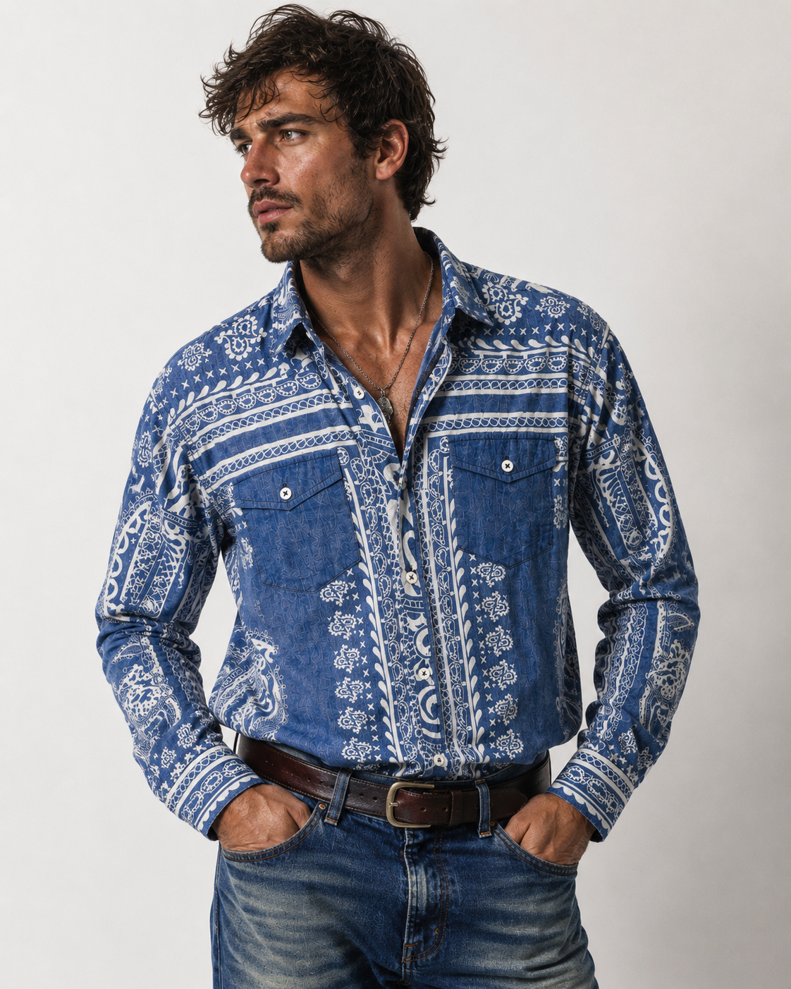 Smog Slim Fit Blue & White Paisley Pattern Shirt - Large