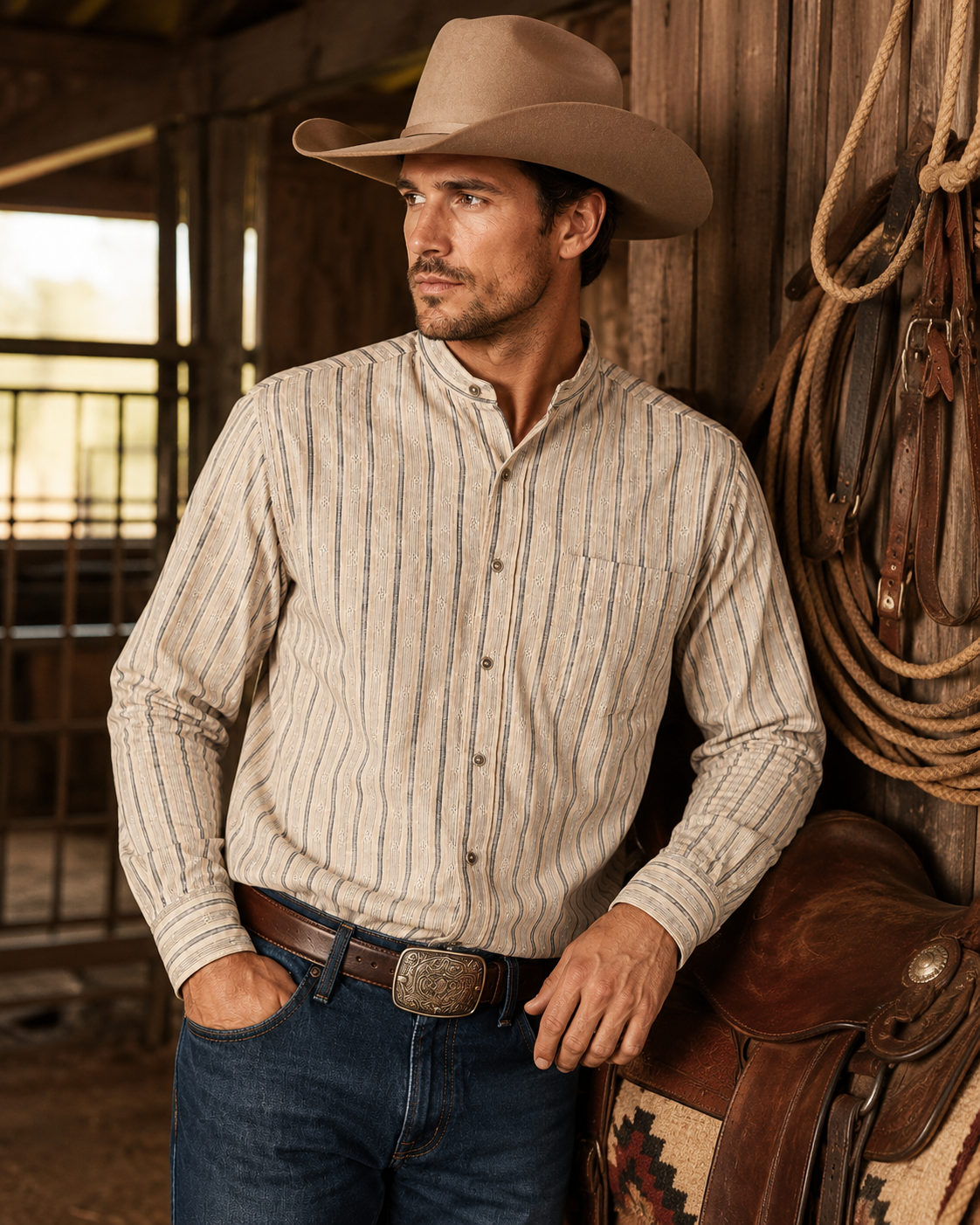 Wrangler Western Shirt Cream & Navy Vertical Stripe - Approx. Large