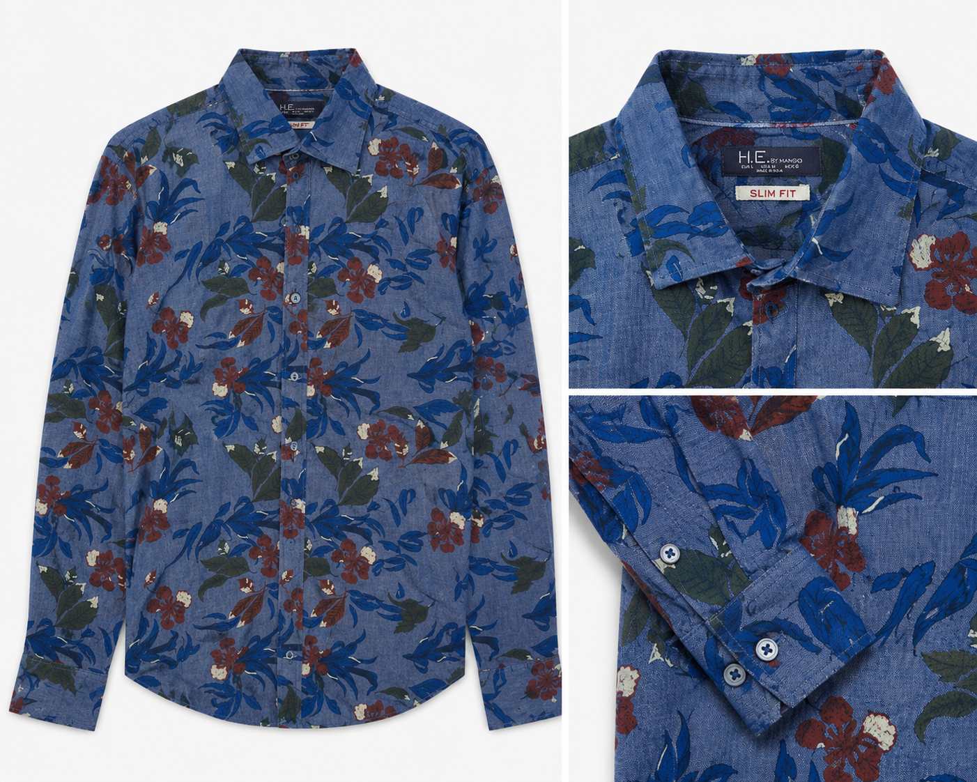 H.E. by Mango Slim Fit Blue Floral Print Shirt – Large