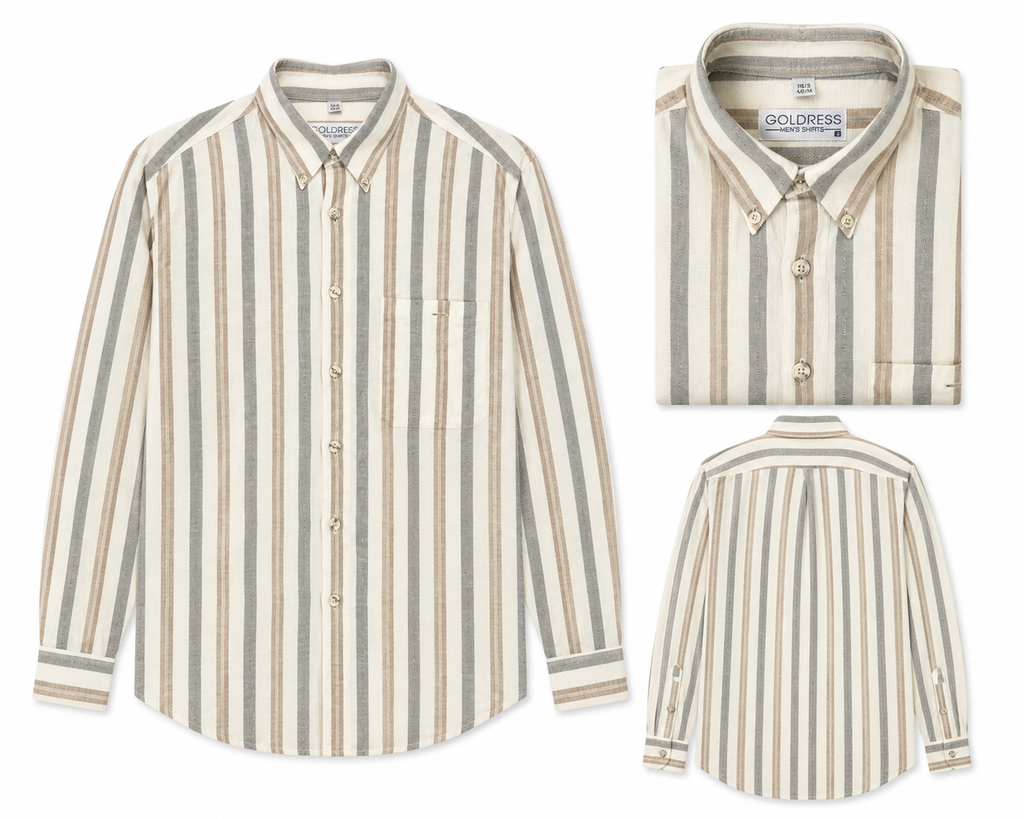 Goldress Vertical Stripe Button-Down Shirt Cream Brown Grey - Medium