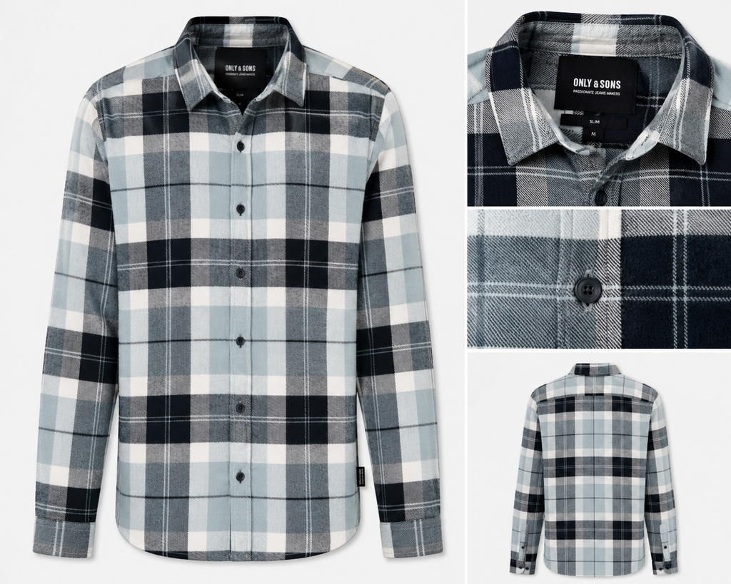 ONLY & SONS Grey & Black Checked Flannel Shirt - medium