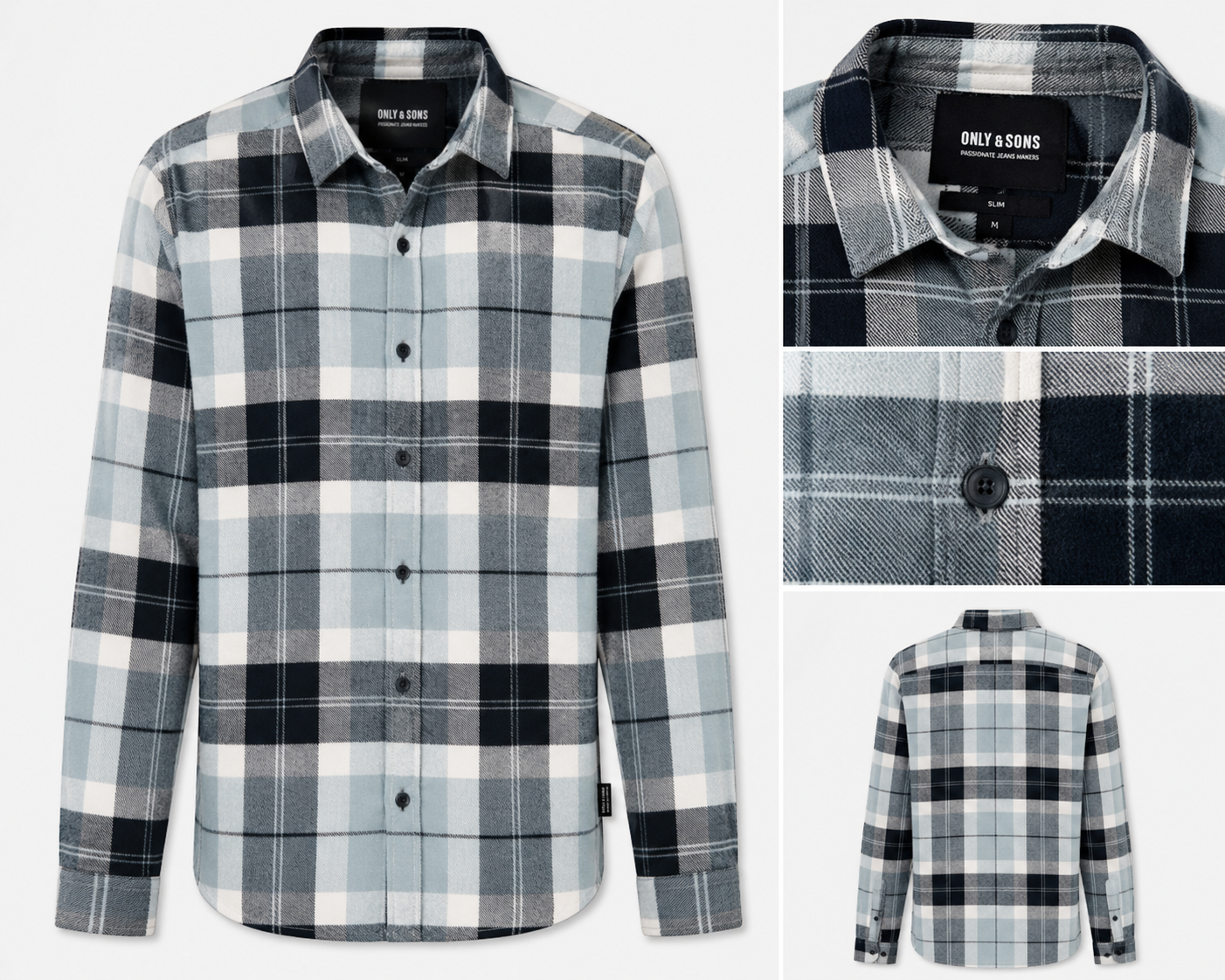 ONLY & SONS Grey & Black Checked Flannel Shirt - medium