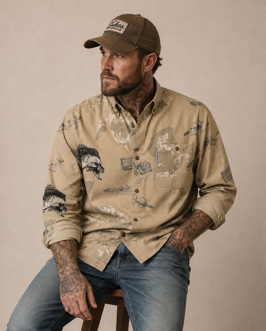 Columbia Tan Fish Print Shirt – Large - Grade A
