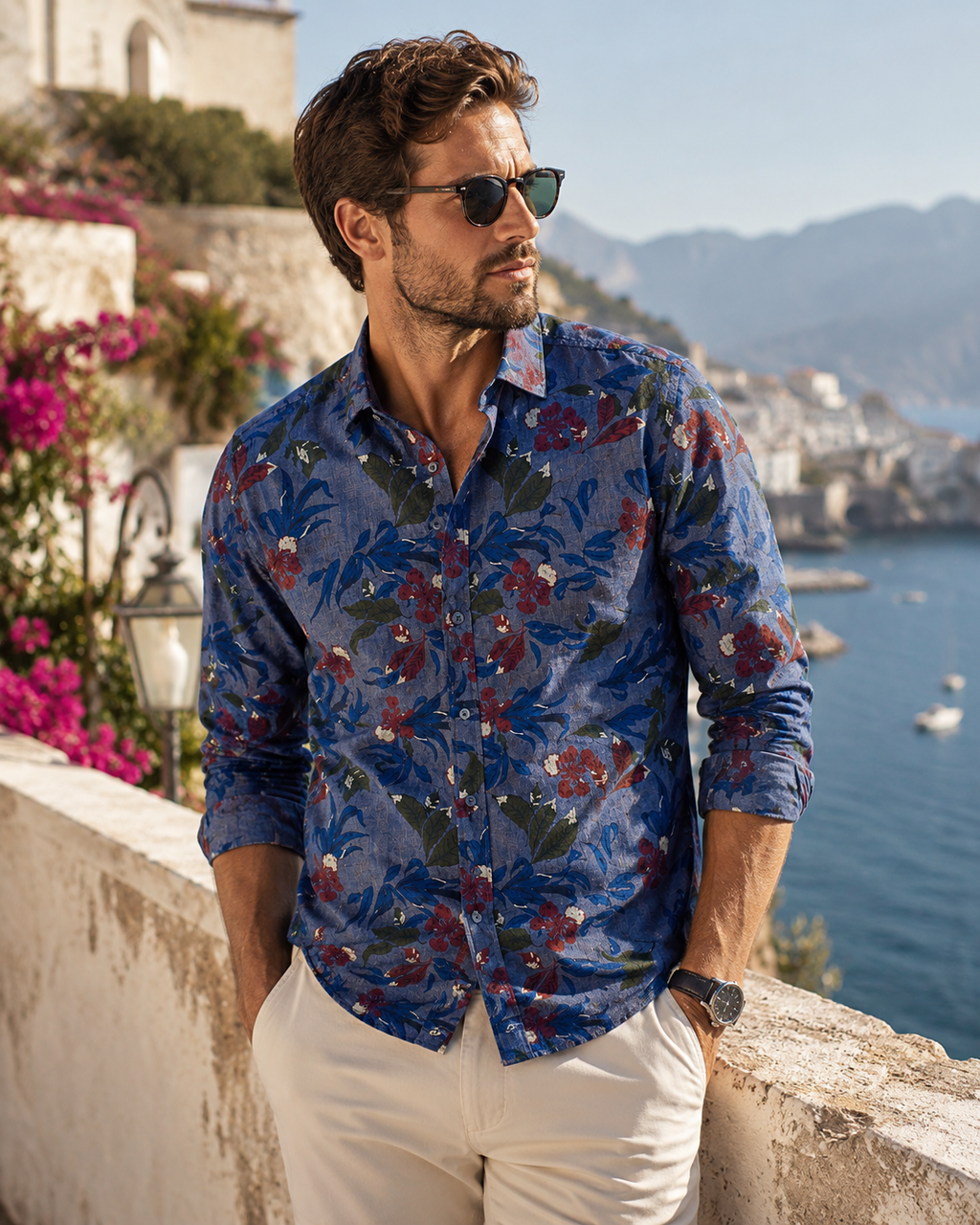 H.E. by Mango Slim Fit Blue Floral Print Shirt – Large