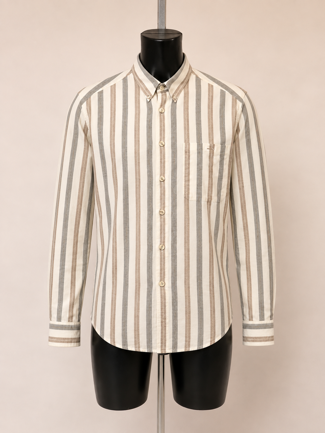 Goldress Vertical Stripe Button Down Shirt - Cream Brown Grey - Medium - Grade A