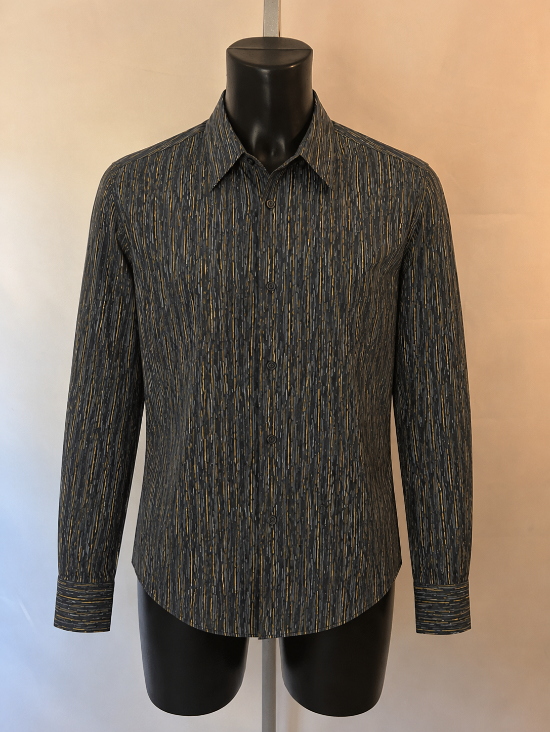 Kenneth Cole Shirt - Grey with Yellow Vertical Stripe Pattern - Large - Grade A