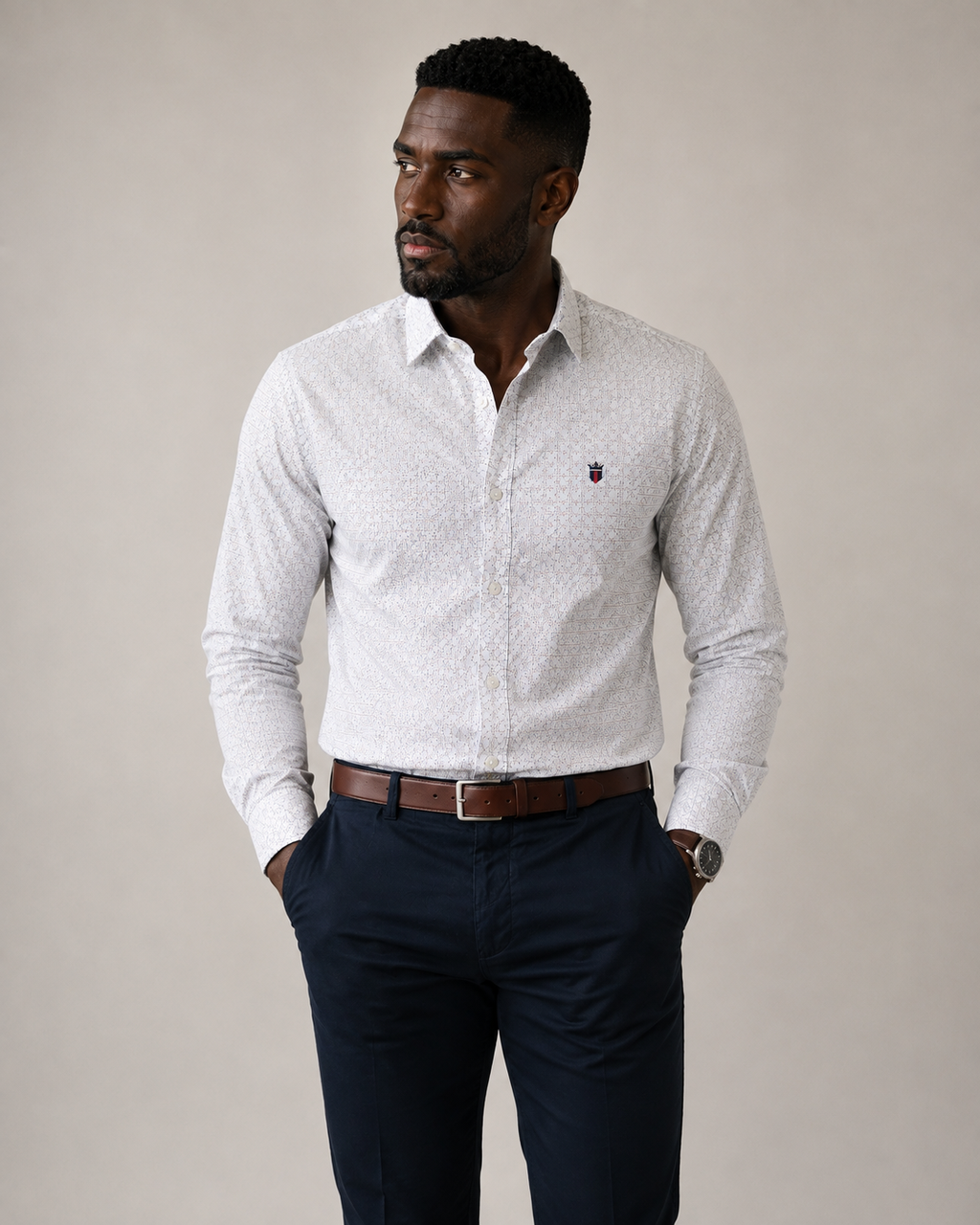Louis Philippe Tailored Fit White Micro Dot Pattern Shirt – Large