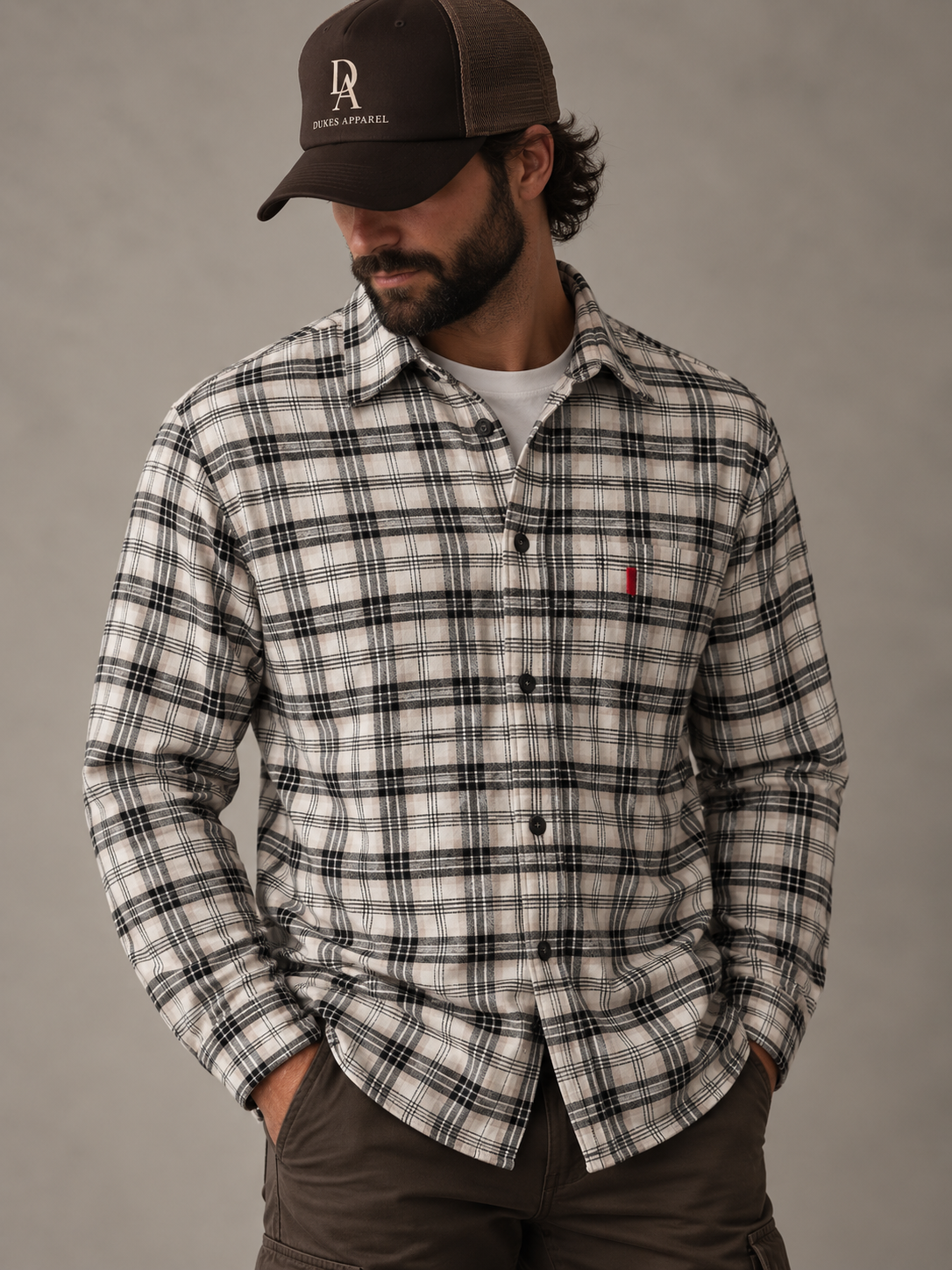Big Rock Canyon Men’s Black & Cream Plaid Cotton Shirt – Large - Grade B