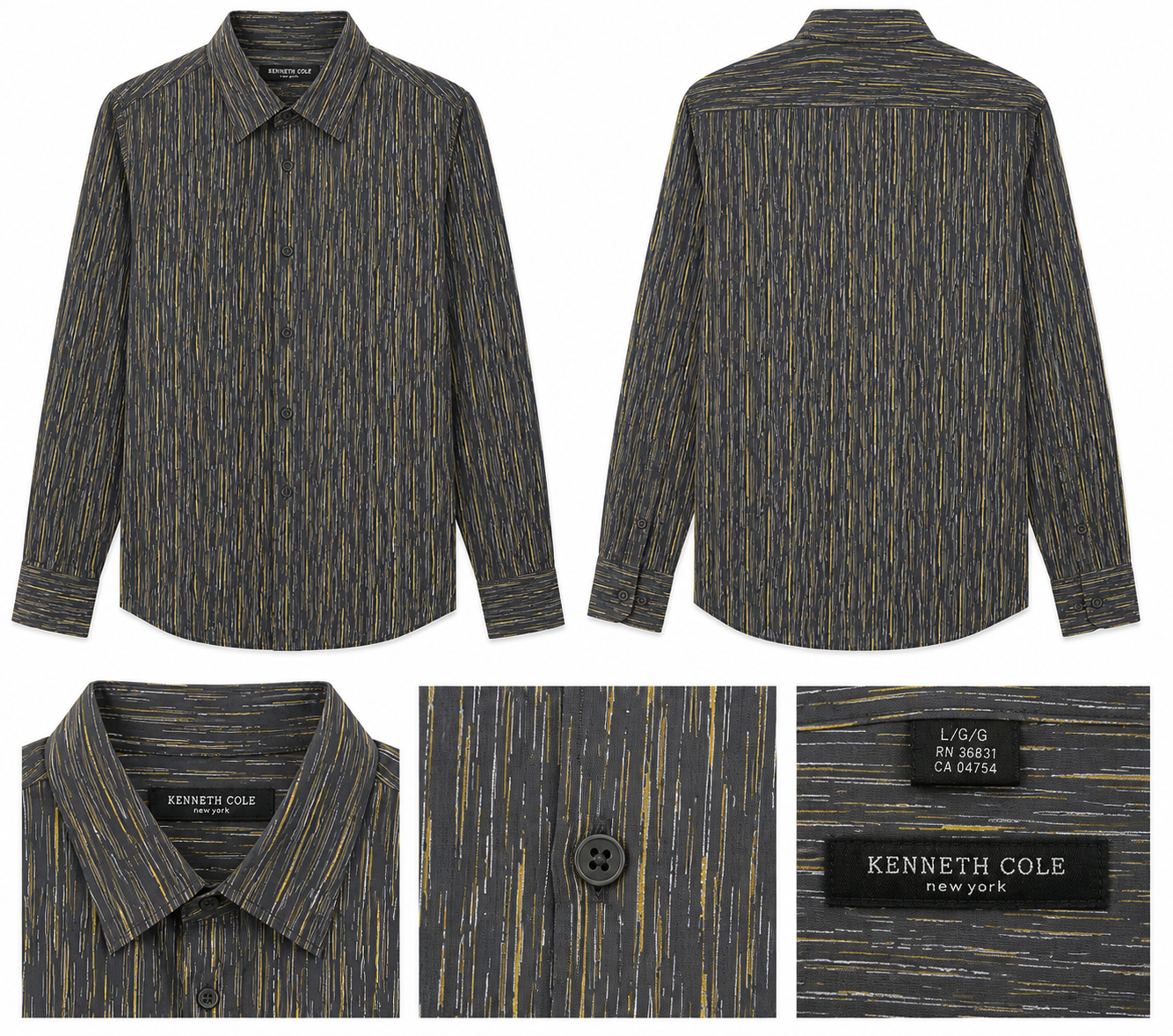 Kenneth Cole Grey Shirt with Yellow Vertical Stripe Pattern - Large
