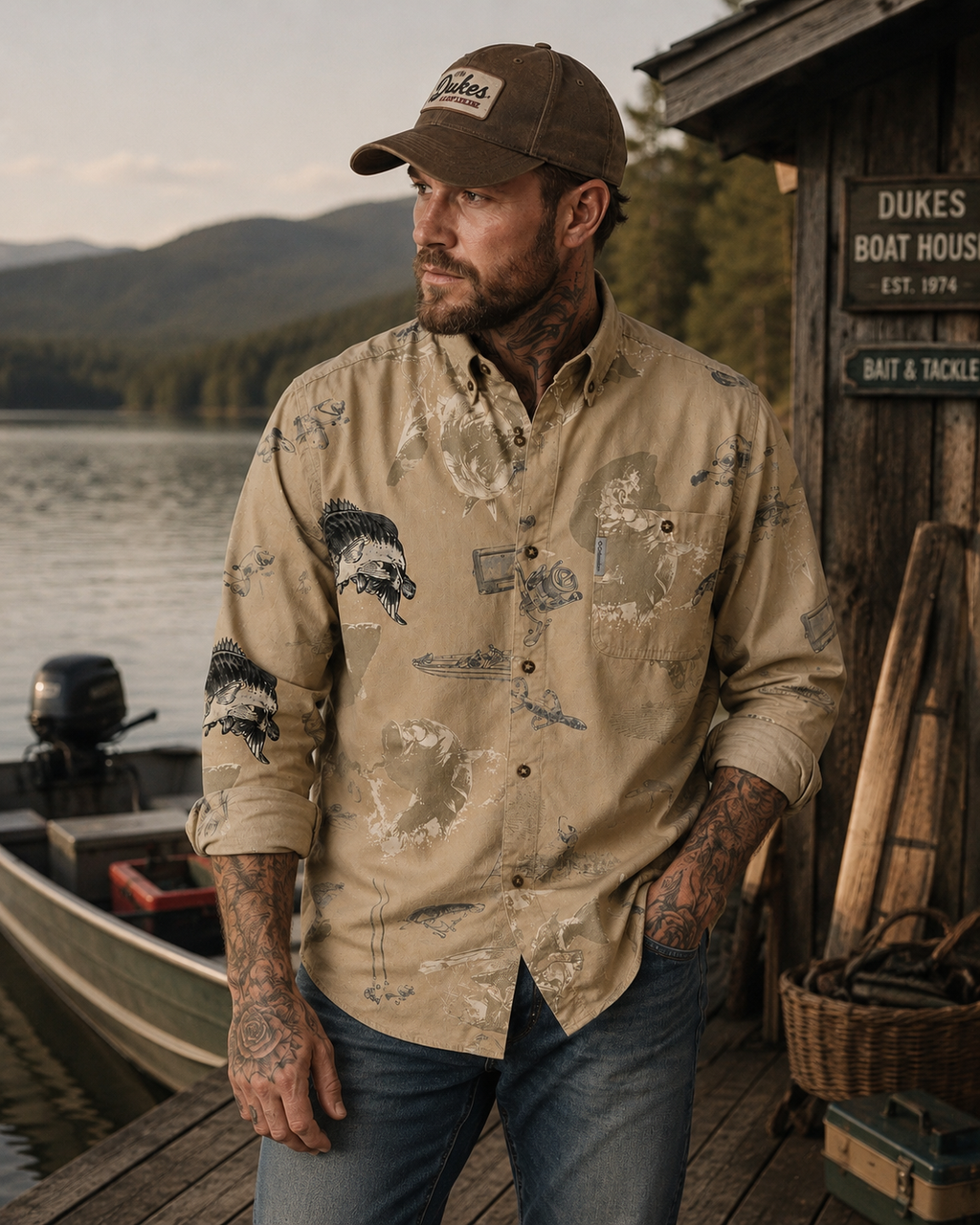 Columbia Tan Fish Print Shirt – Large - Grade A