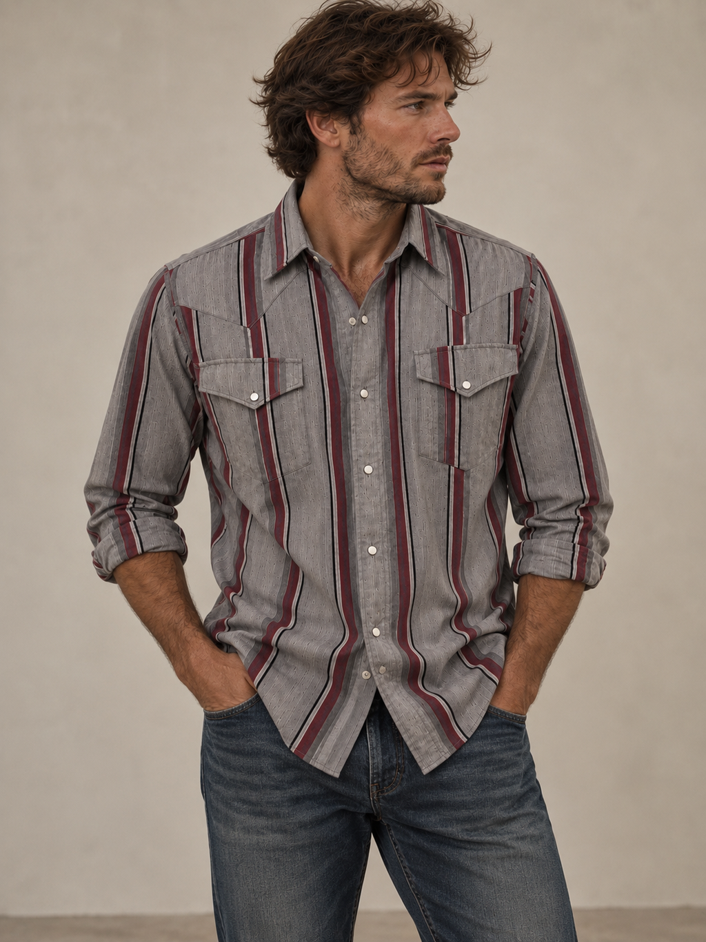 Canyon Guide Western Shirt Grey Burgundy Stripe Pearl Snap - Large – Grade A