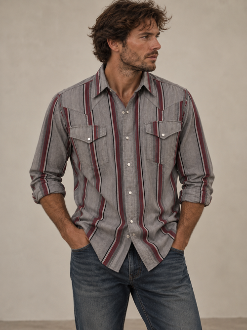 Canyon Guide Western Shirt Grey Burgundy Stripe Pearl Snap - Large – Grade A