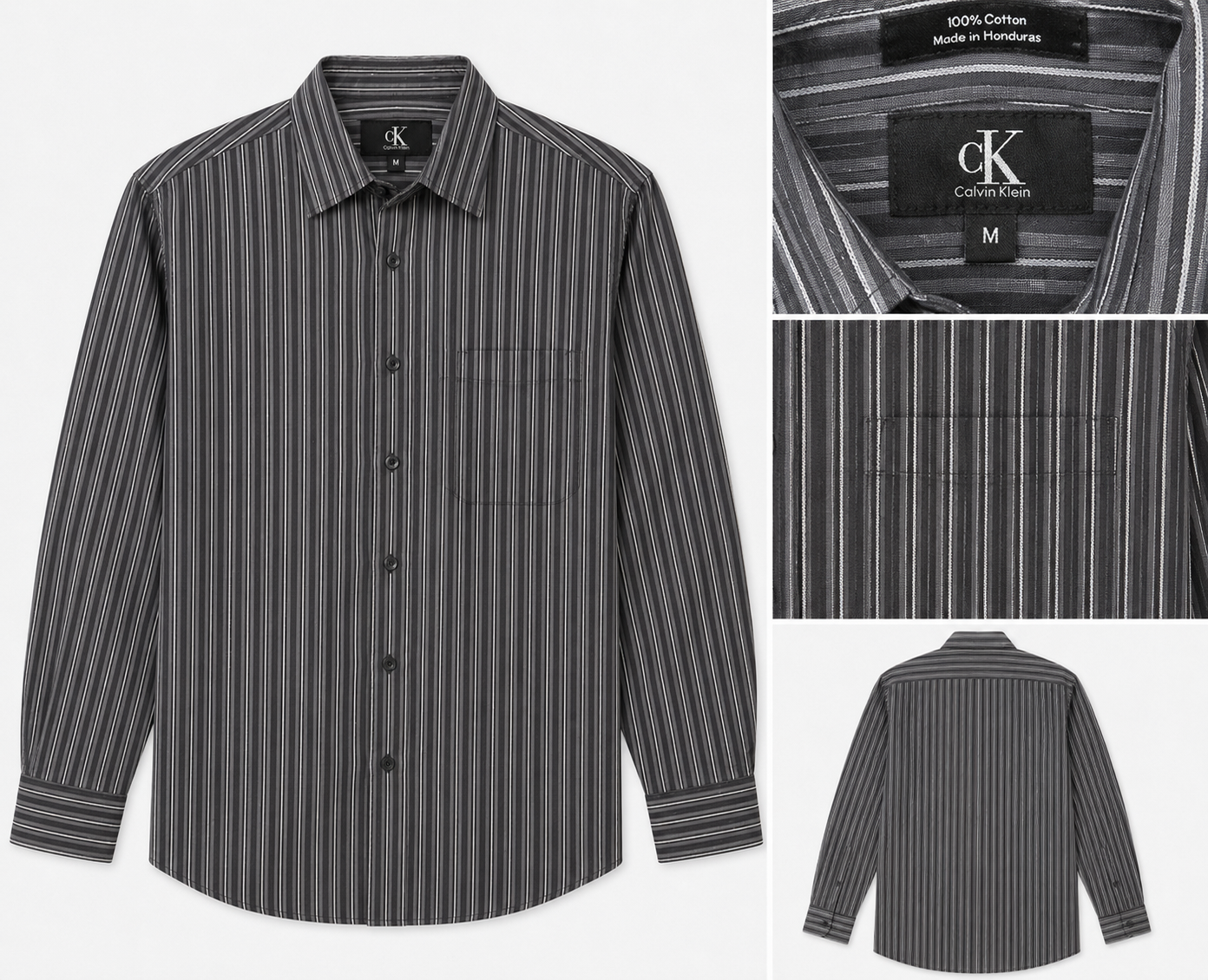 Calvin Klein Vintage Grey & Charcoal Striped Cotton Shirt – Medium