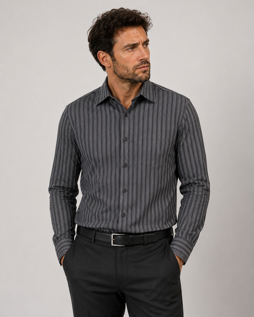 Calvin Klein Vintage Grey & Charcoal Striped Cotton Shirt – Medium