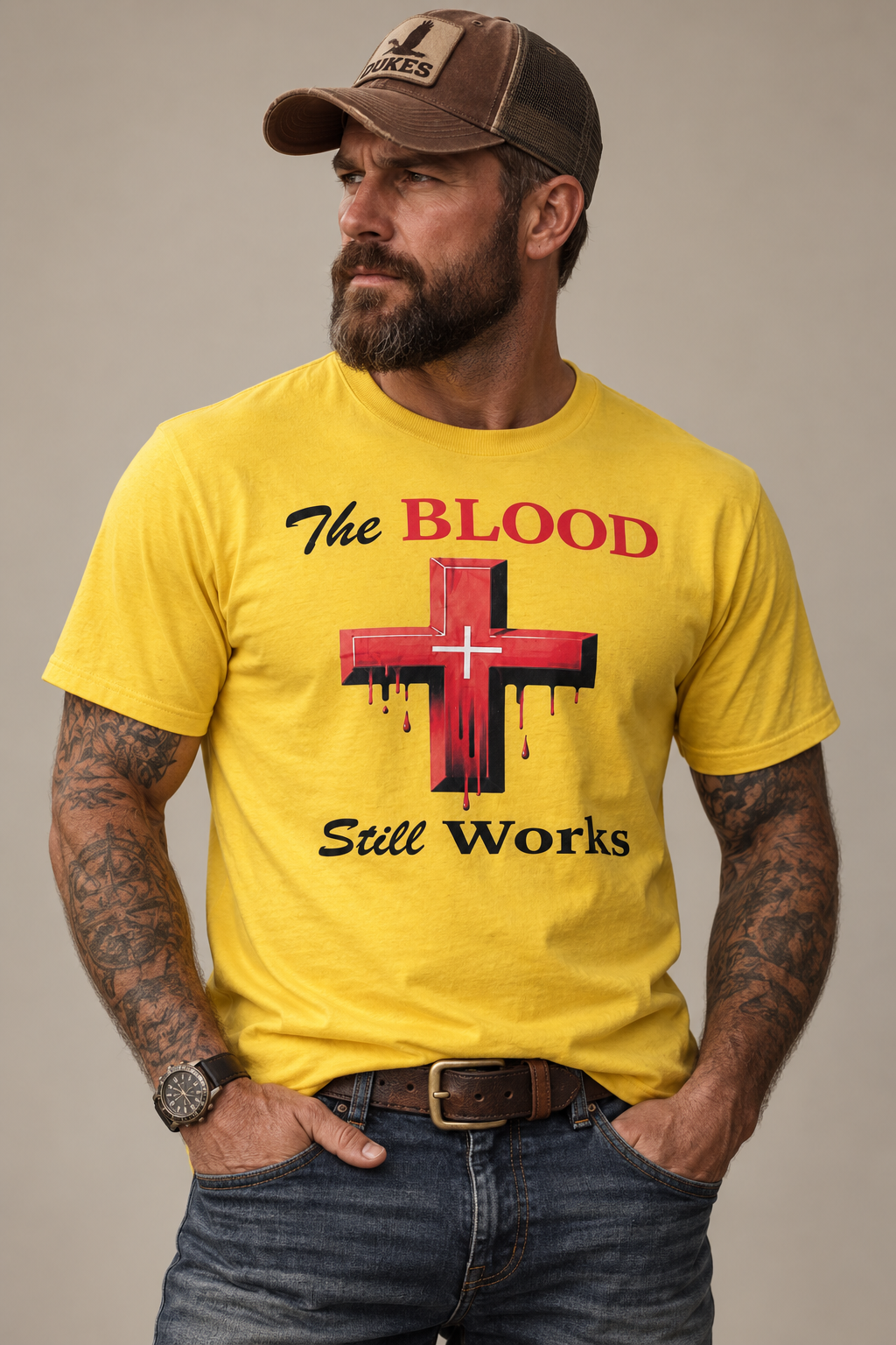 Yellow “The Blood Still Works” Graphic T-Shirt - Large - Grade B