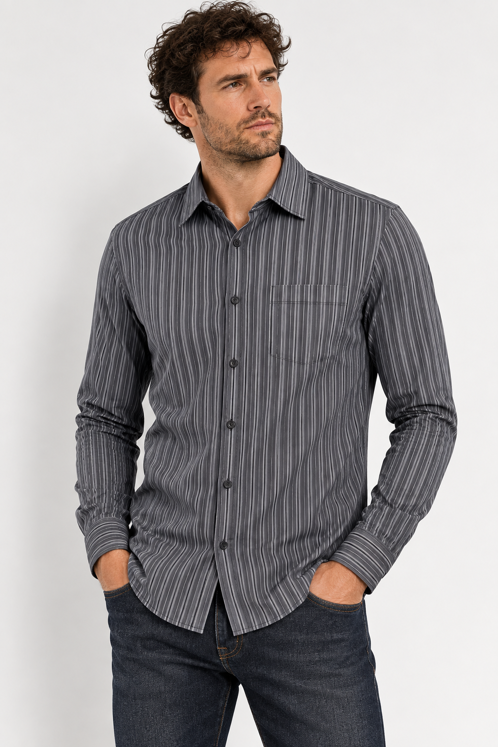 Calvin Klein Vintage Grey & Charcoal Striped Cotton Shirt – Medium