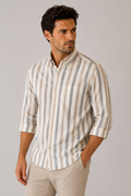 Goldress Vertical Stripe Button-Down Shirt Cream Brown Grey - Medium
