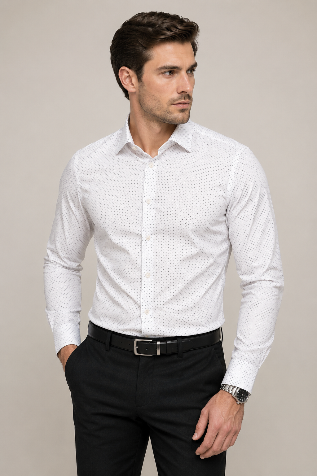 APT. 9 Slim Fit Stretch Dress Shirt White Black Micro Dot – Medium