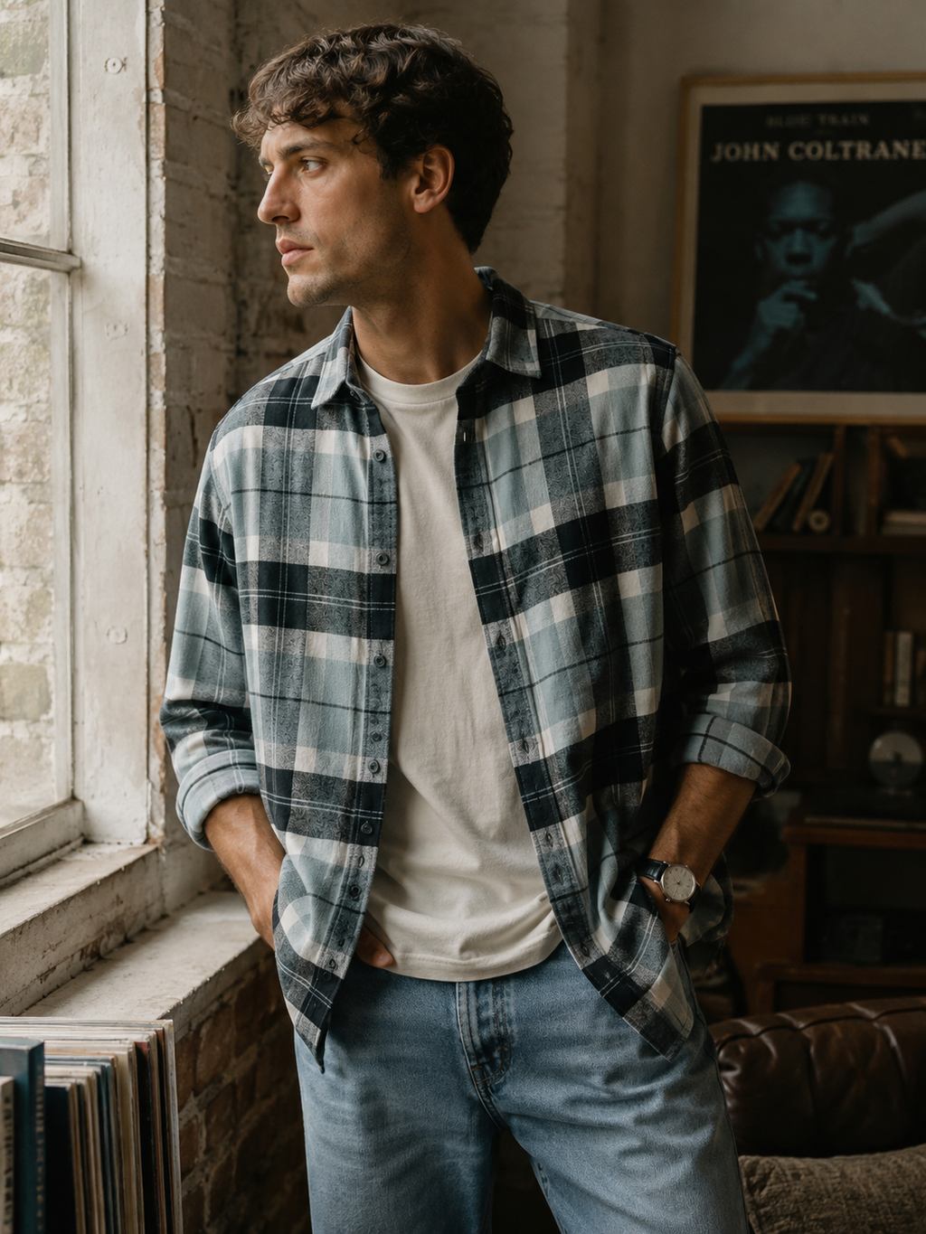 ONLY & SONS Grey & Black Checked Flannel Shirt - medium