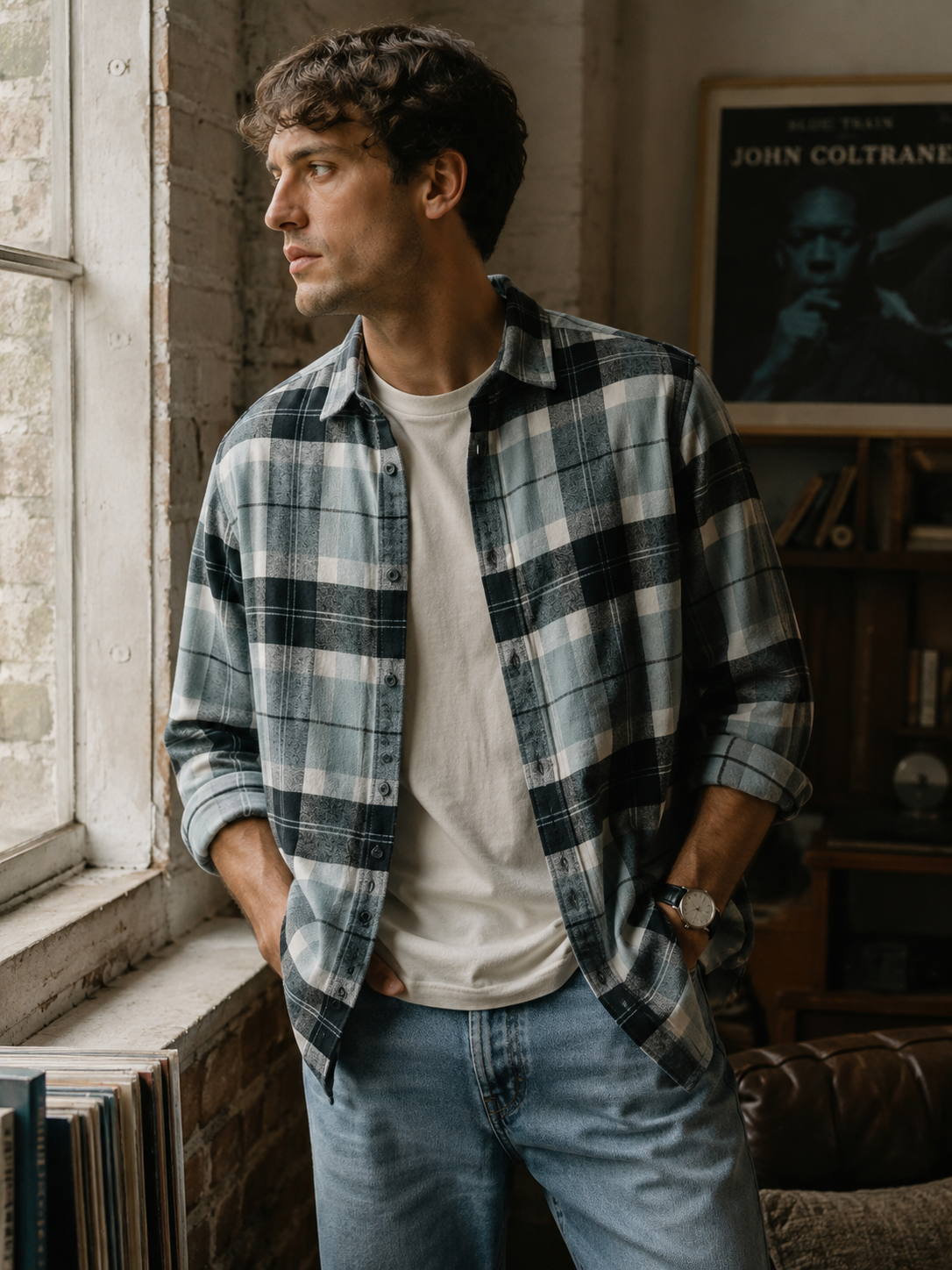 ONLY & SONS Grey & Black Checked Flannel Shirt - medium