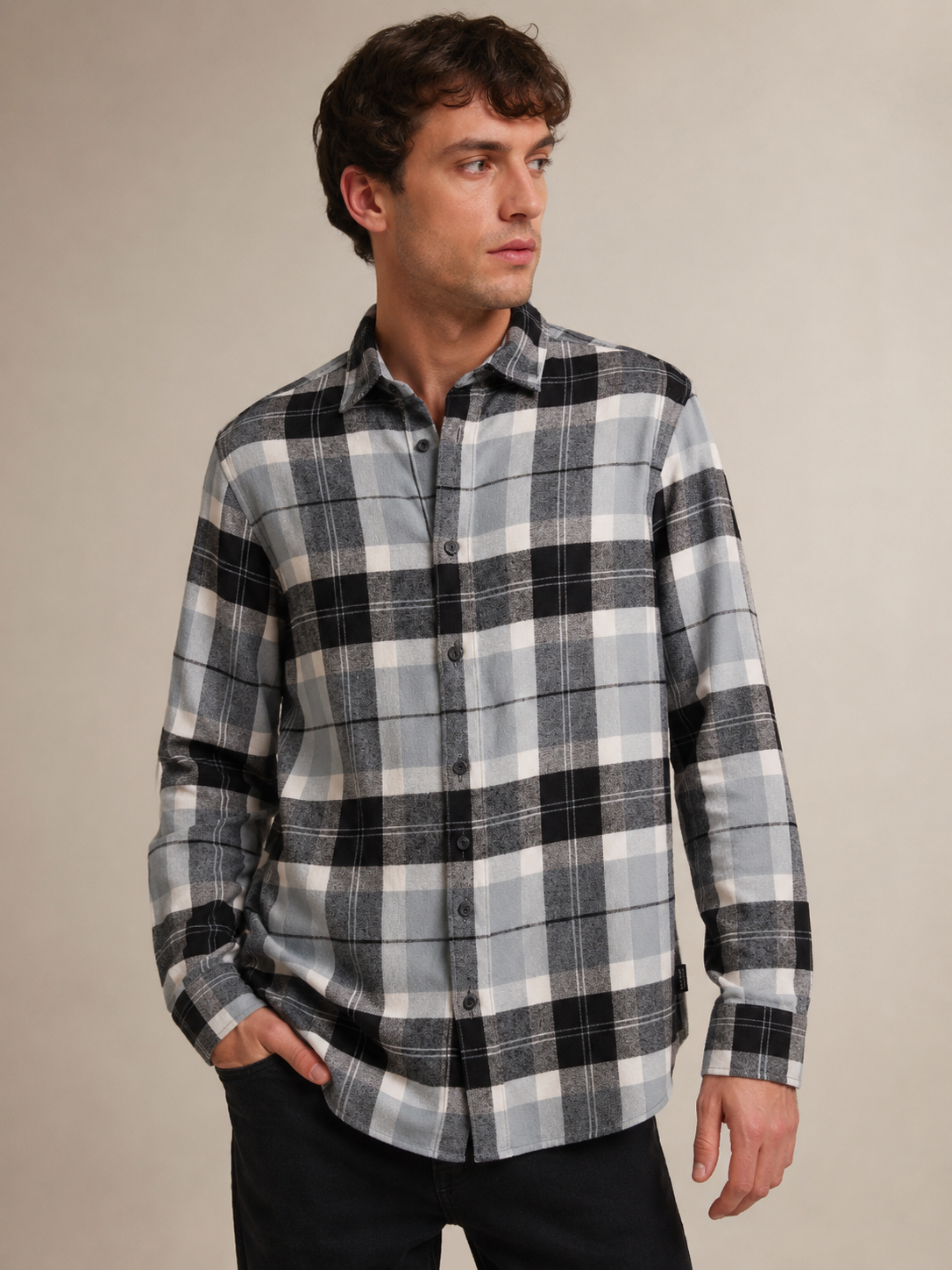 ONLY & SONS Grey & Black Checked Flannel Shirt - medium