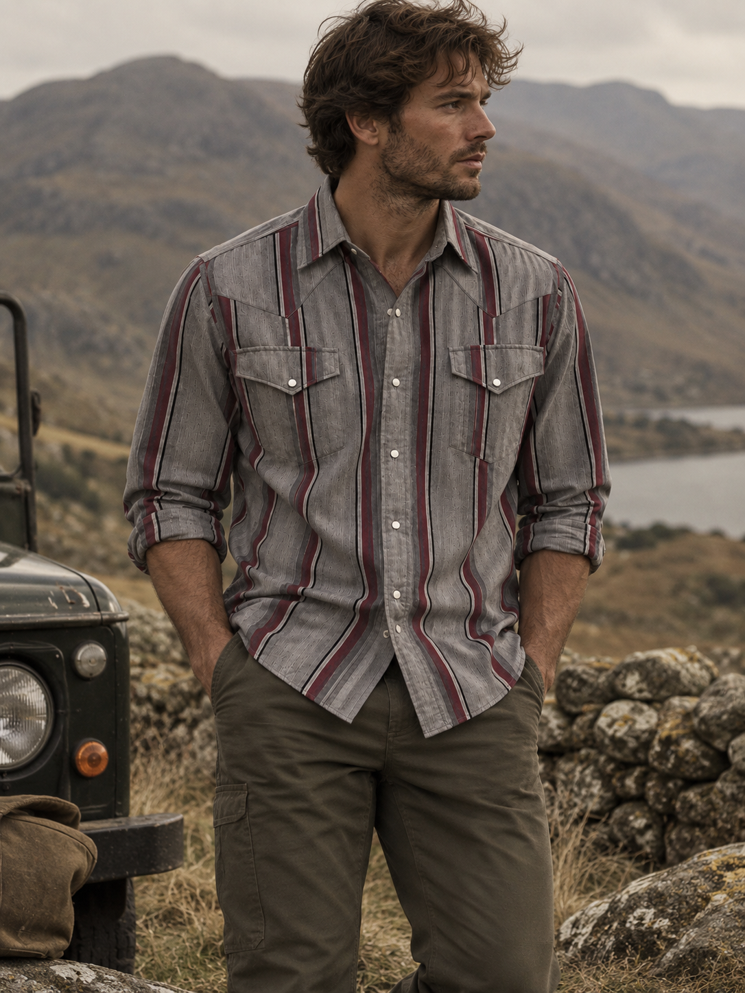 Canyon Guide Western Shirt Grey Burgundy Stripe Pearl Snap - Large – Grade A