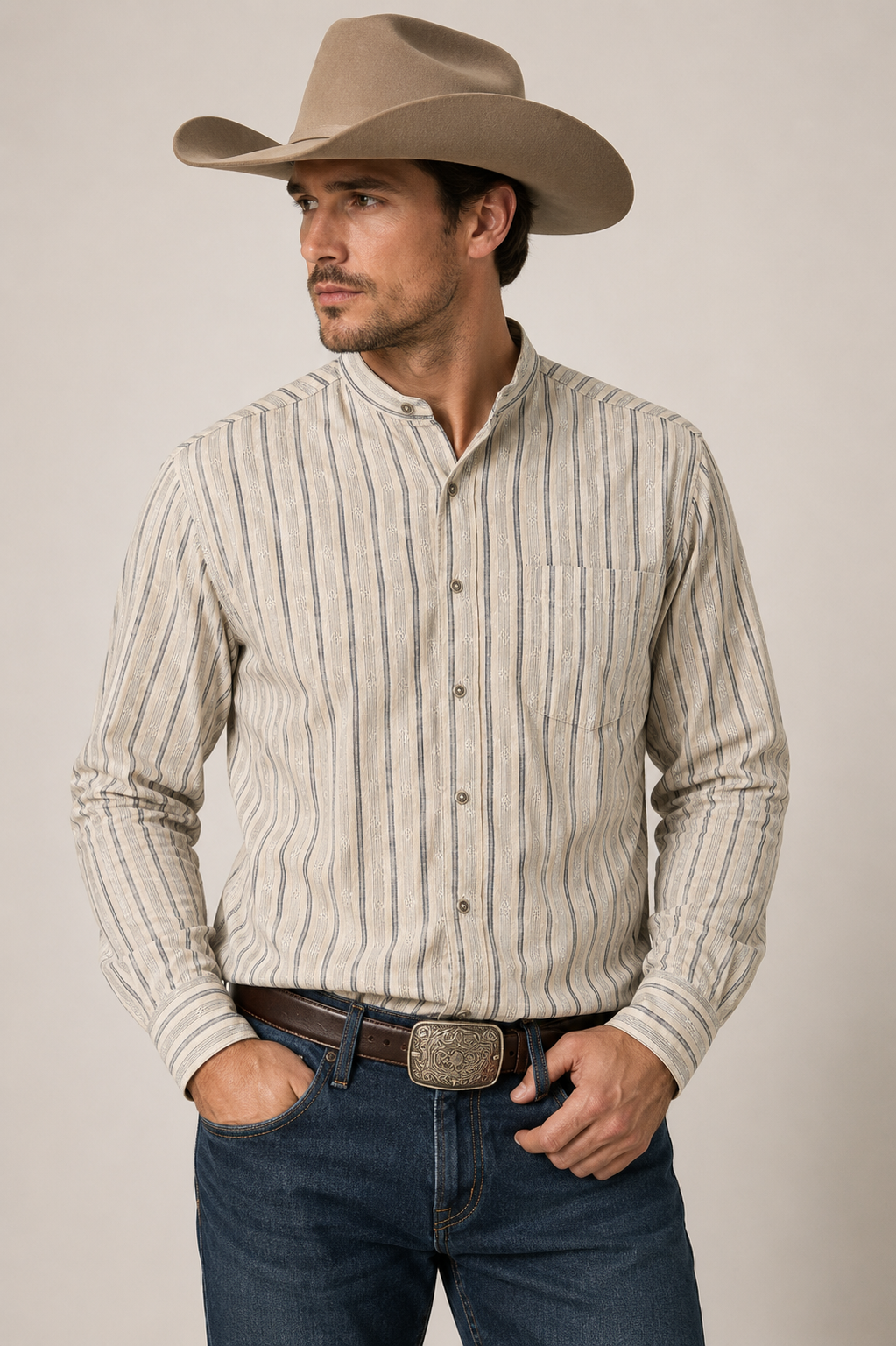 Wrangler Western Shirt Cream & Navy Vertical Stripe - Approx. Large