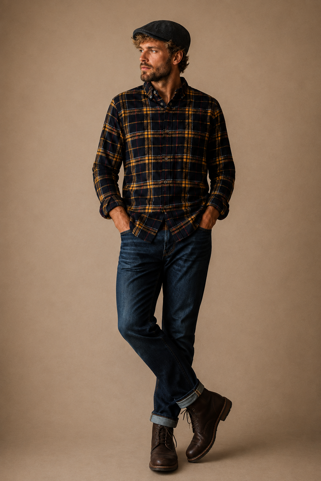 French Connection Navy and Mustard Brushed Cotton - Small