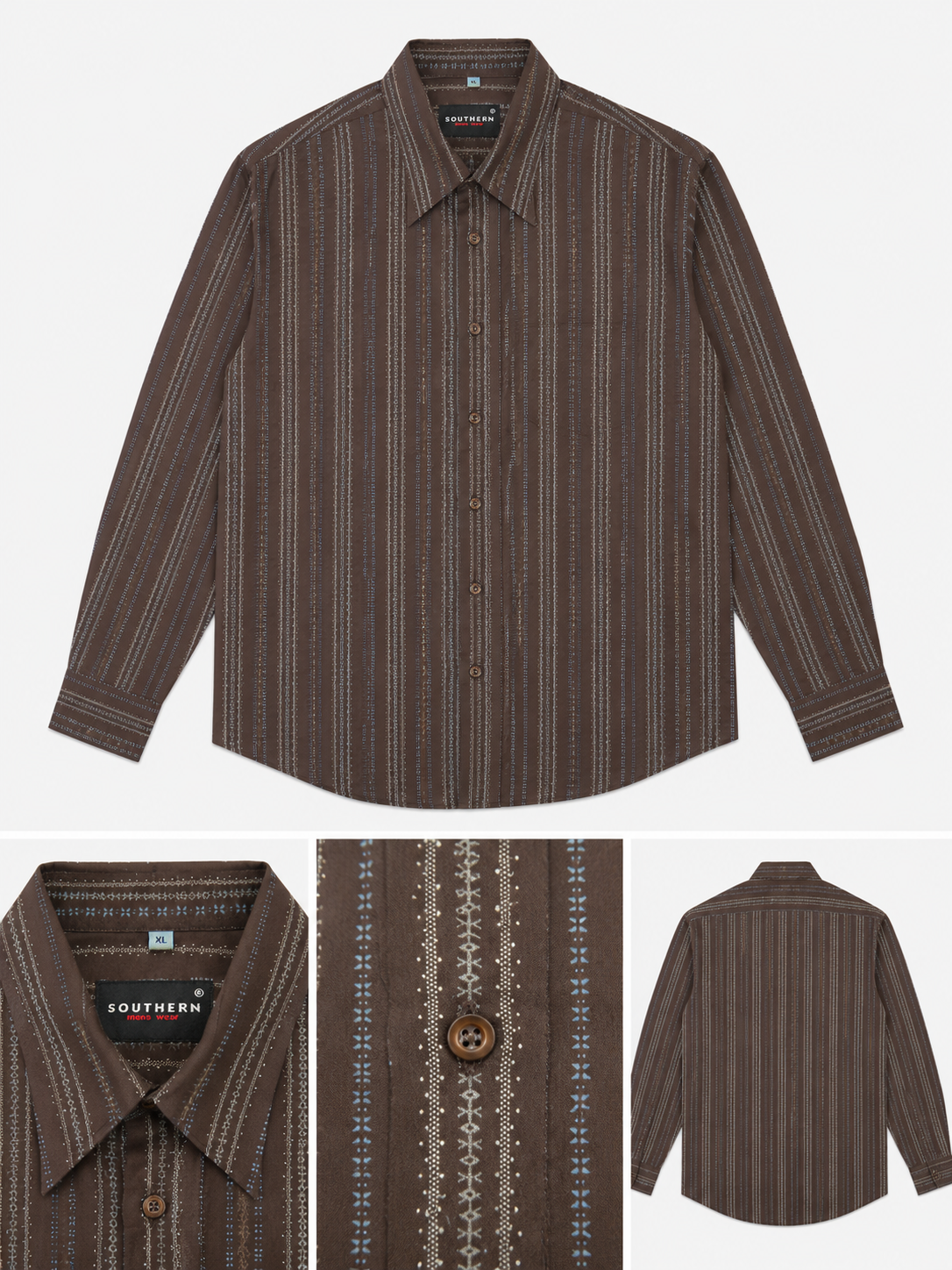 Southern Vintage Brown Patterned Long Sleeve Shirt - XL