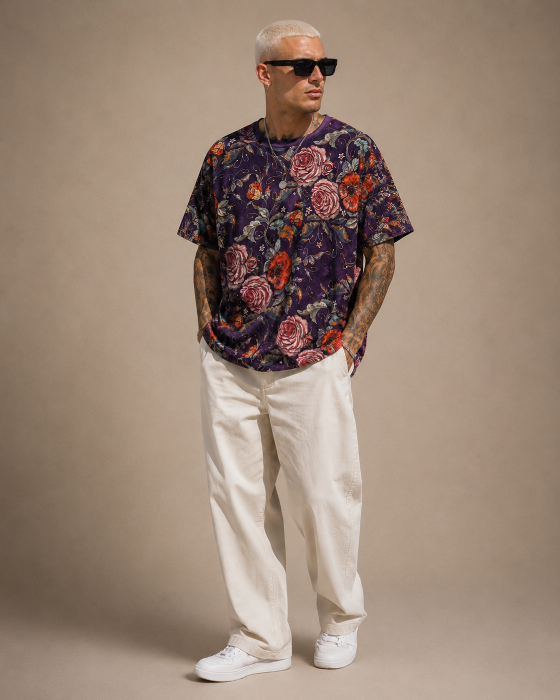 Oversized Floral Velour T-Shirt – Medium