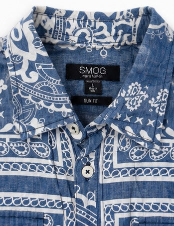 Smog Slim Fit Blue & White Paisley Pattern Shirt - Large