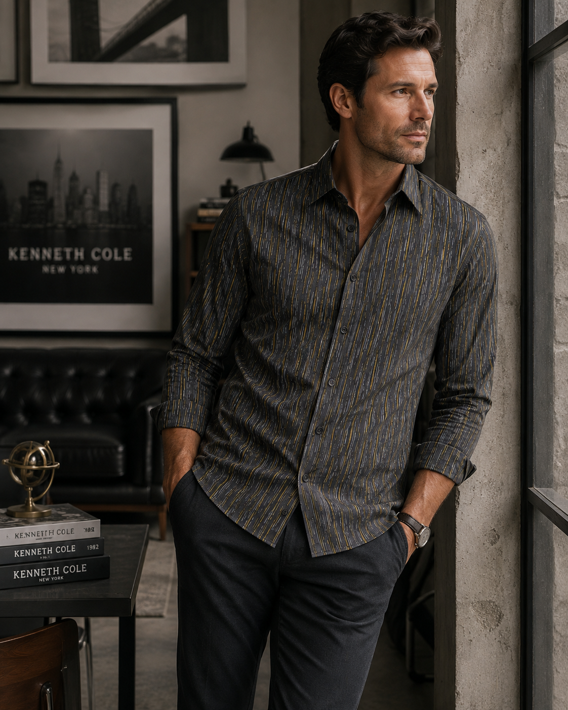 Kenneth Cole Grey Shirt with Yellow Vertical Stripe Pattern - Large
