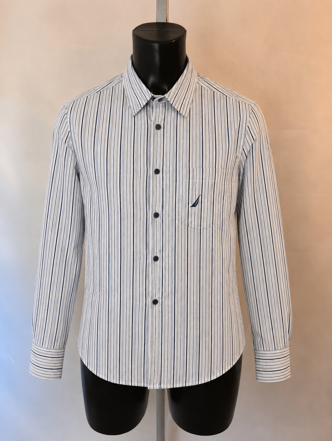 Nautica Shirt - White & Navy Vertical Stripe - Large - Grade A