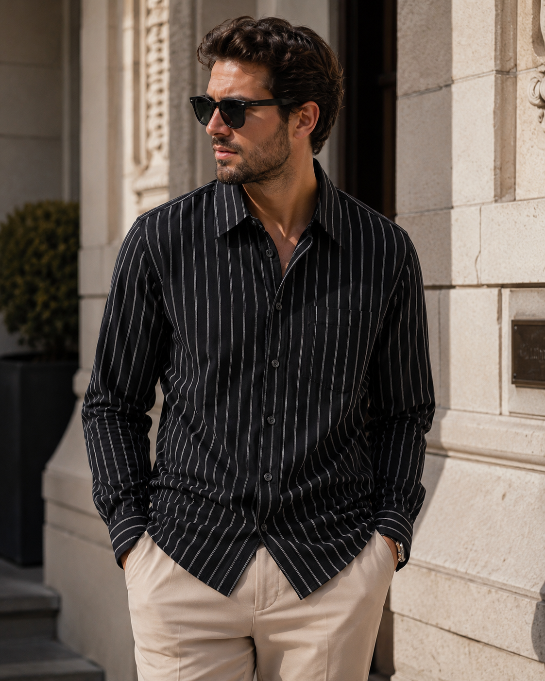 Calvin Klein Black Pinstripe Cotton Shirt – Large