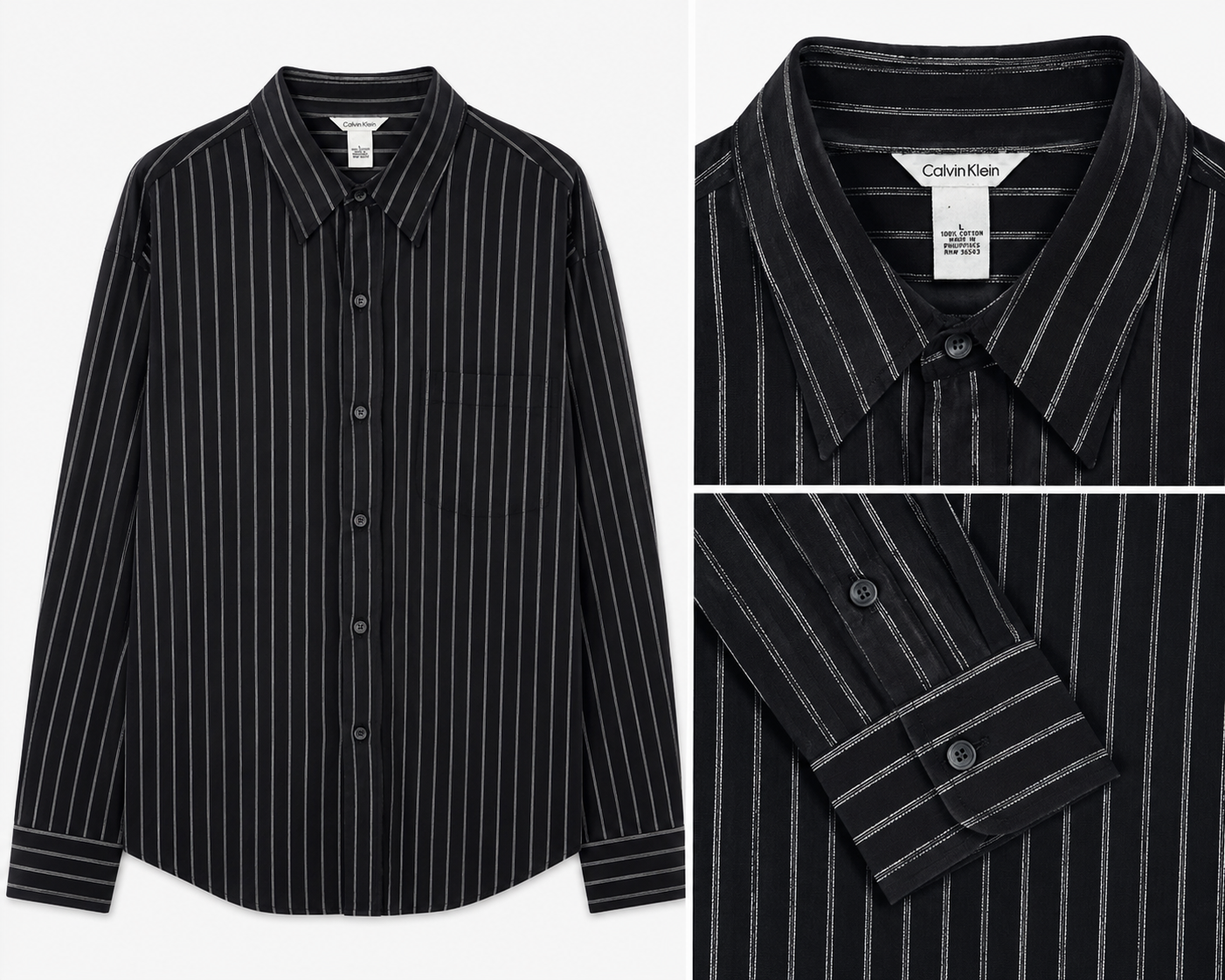 Calvin Klein Black Pinstripe Cotton Shirt – Large