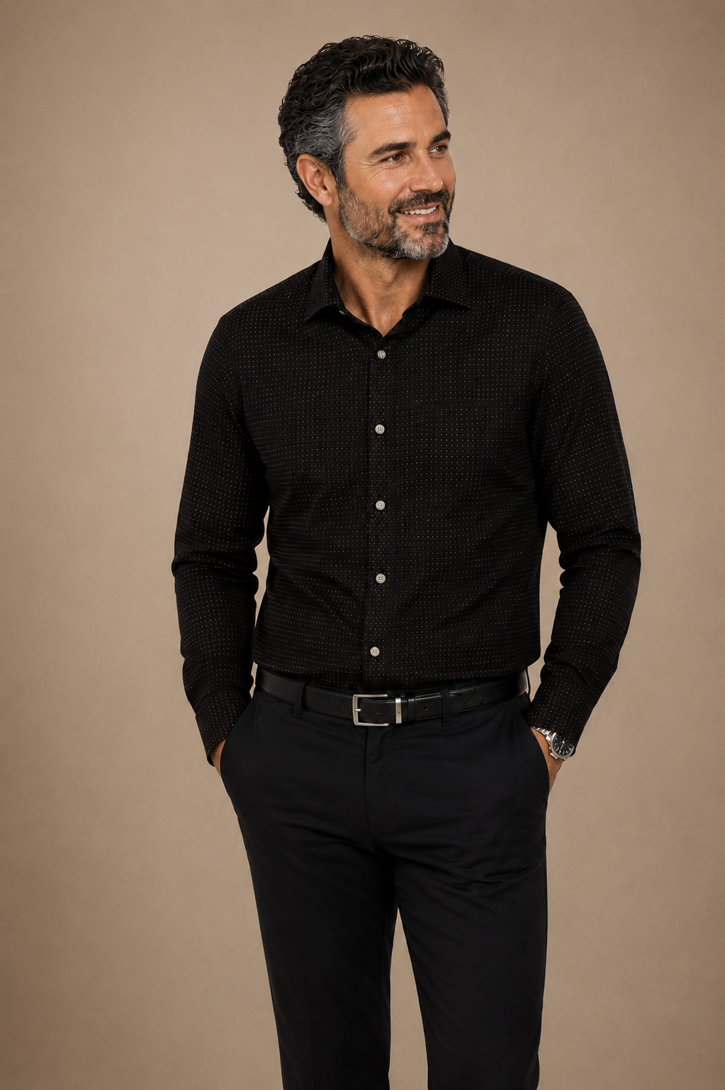 Paul Fredrick Black Copper Micro Dot Slim Fit Dress - Large