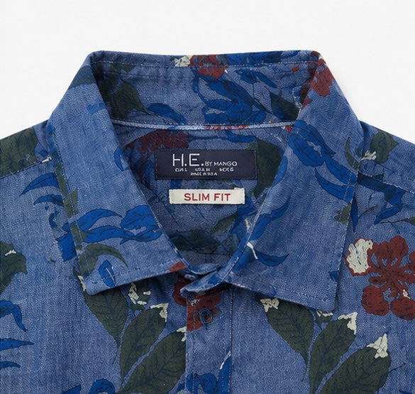 H.E. by Mango Slim Fit Blue Floral Print Shirt – Large
