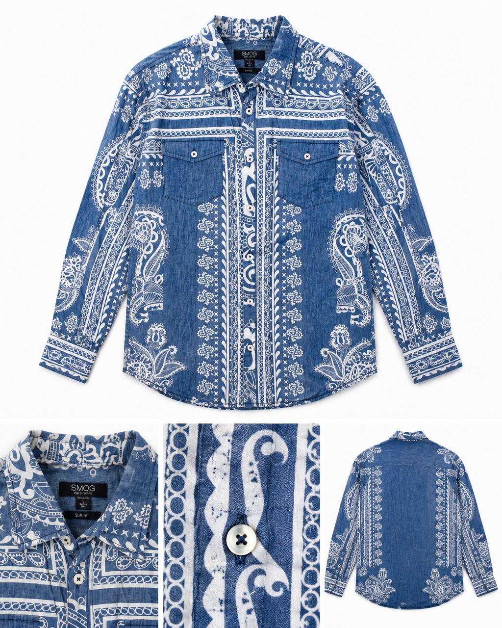 Smog Slim Fit Blue & White Paisley Pattern Shirt - Large