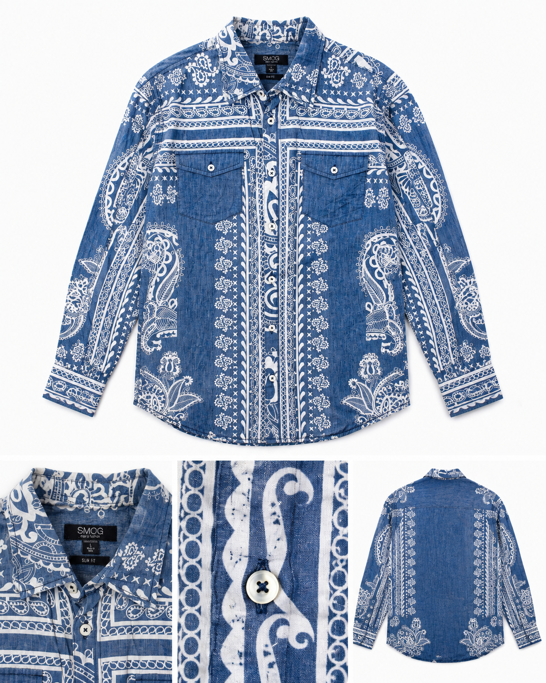 Smog Slim Fit Blue & White Paisley Pattern Shirt - Large
