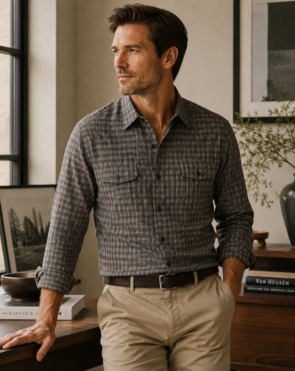Van Heusen Grey Check Long Sleeve - Large