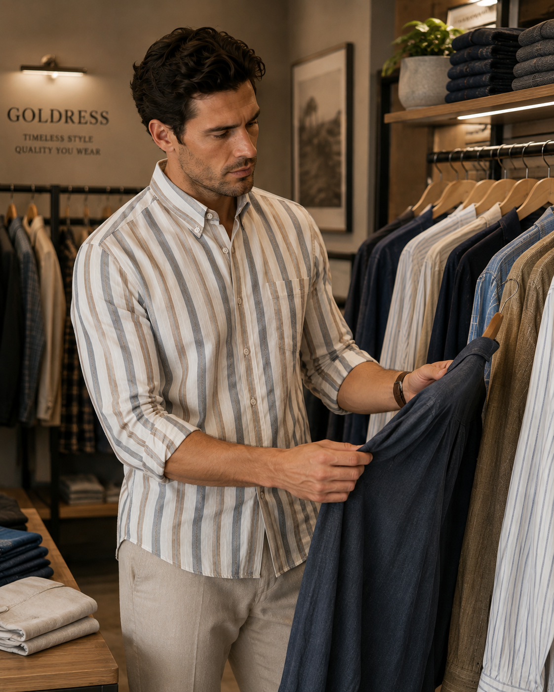 Goldress Vertical Stripe Button-Down Shirt Cream Brown Grey - Medium