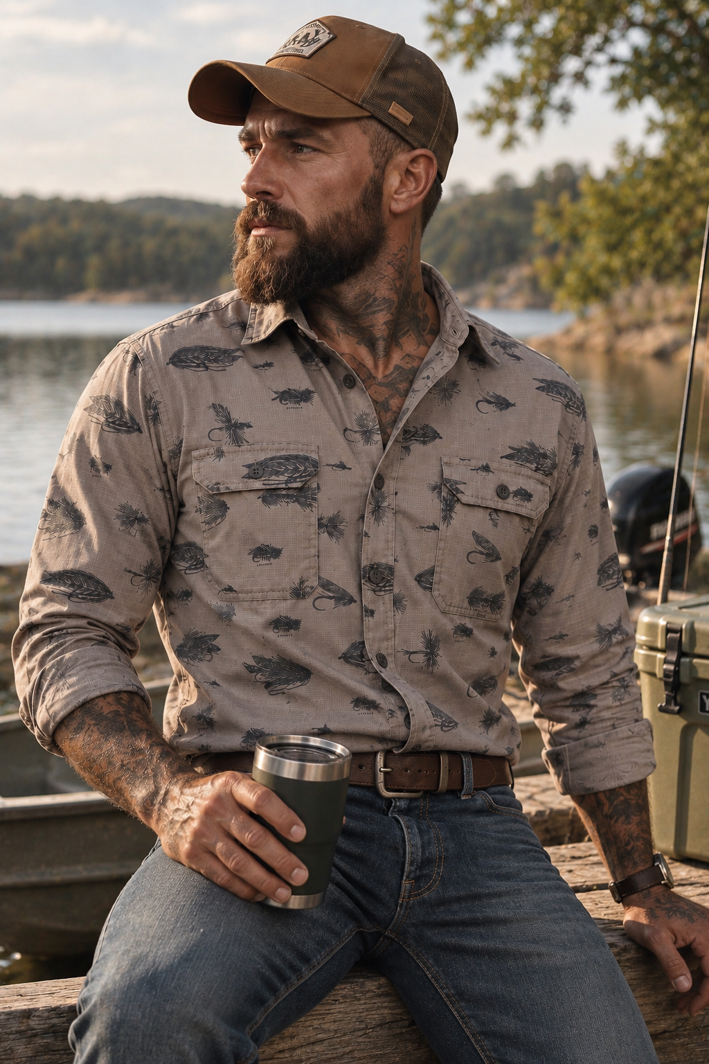 Croft & Barrow Quick-Dry Fishing Print Shirt - Medium - Grade A