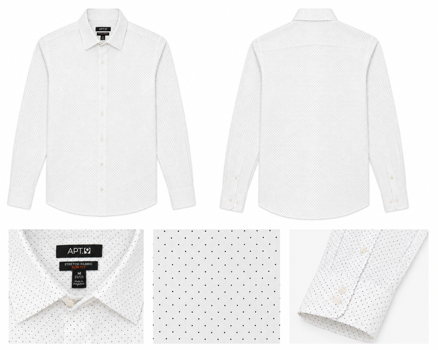 APT. 9 Slim Fit Stretch Dress Shirt White Black Micro Dot – Medium