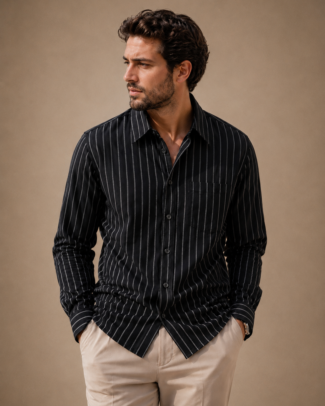 Calvin Klein Black Pinstripe Cotton Shirt – Large
